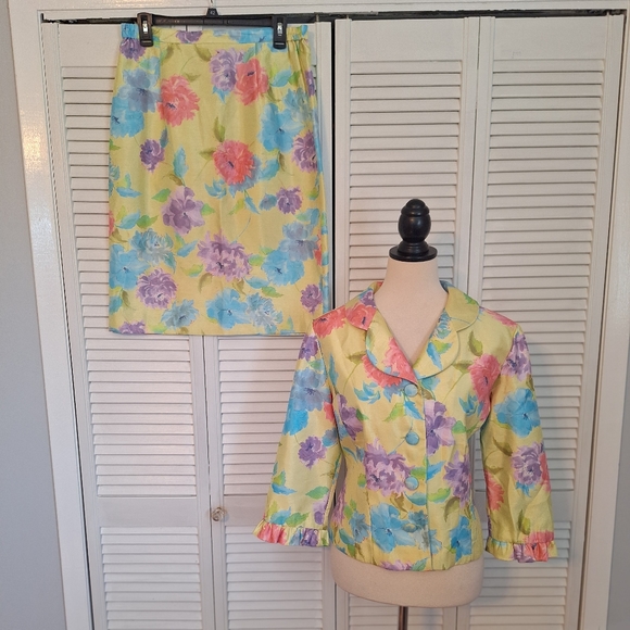 Leslie Fay vintage 1980's tropical floral skirt set suit sz 12P *D5 - Picture 2 of 9